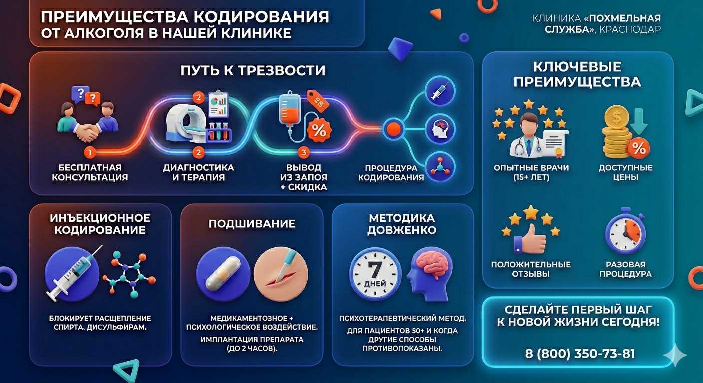 Инфографика о методах кодирования от алкоголя в Новосемейкино: инъекции, подшивание, метод Довженко. Преимущества клиники и этапы лечения.