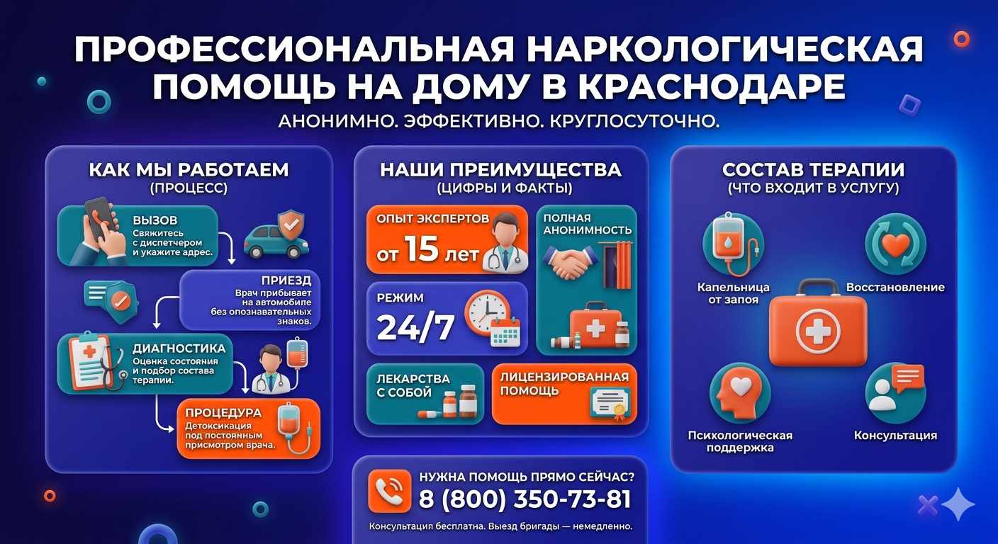 Инфографика о принципах лечения алкоголизма на дому в Новосемейкино: этапы вызова нарколога, преимущества анонимной детоксикации и состав медицинской помощи.
